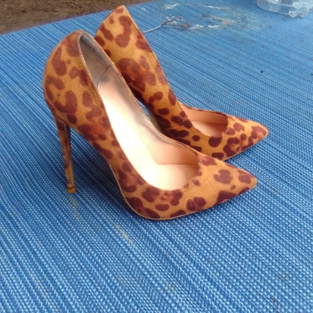 Elisabet Lang suede, leopard print stiletto heels